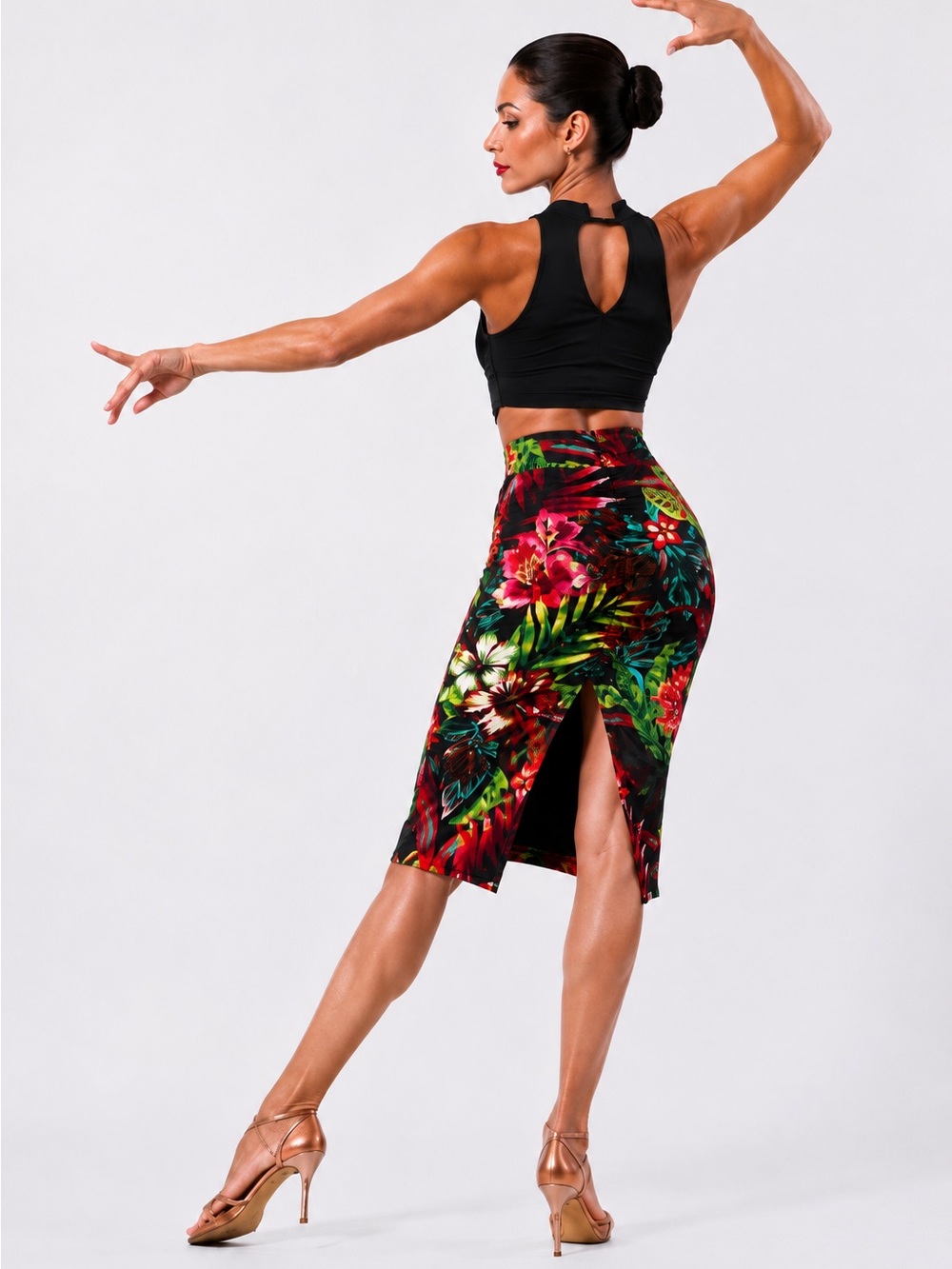 Tropical Midi Argentinian Tango Skirt Ruched back Reversible multicolor